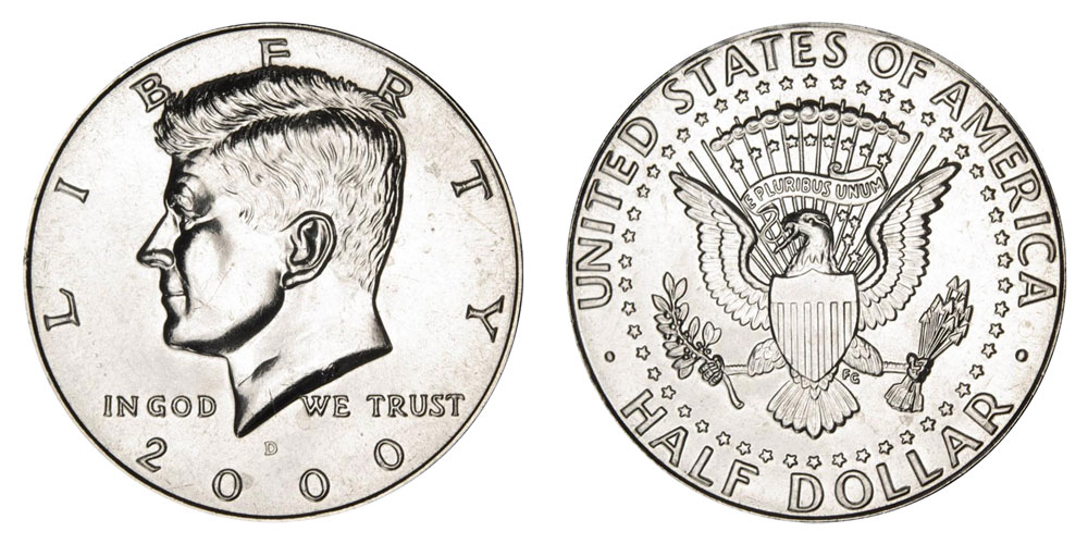 Comparison of a typical 2000-D half dollar versus a gem MS67 example showing surface quality differences