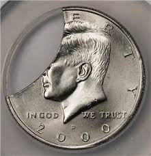 2000 Kennedy half dollar clipped planchet error showing curved missing section along the coin rim