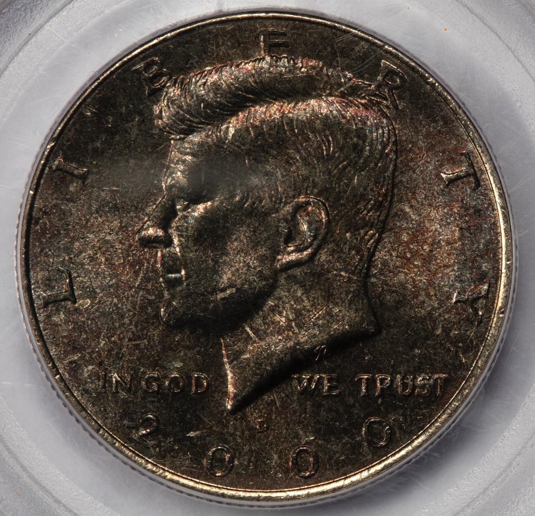 2000-D Kennedy half dollar improperly annealed planchet error showing characteristic dark mottled surface discoloration